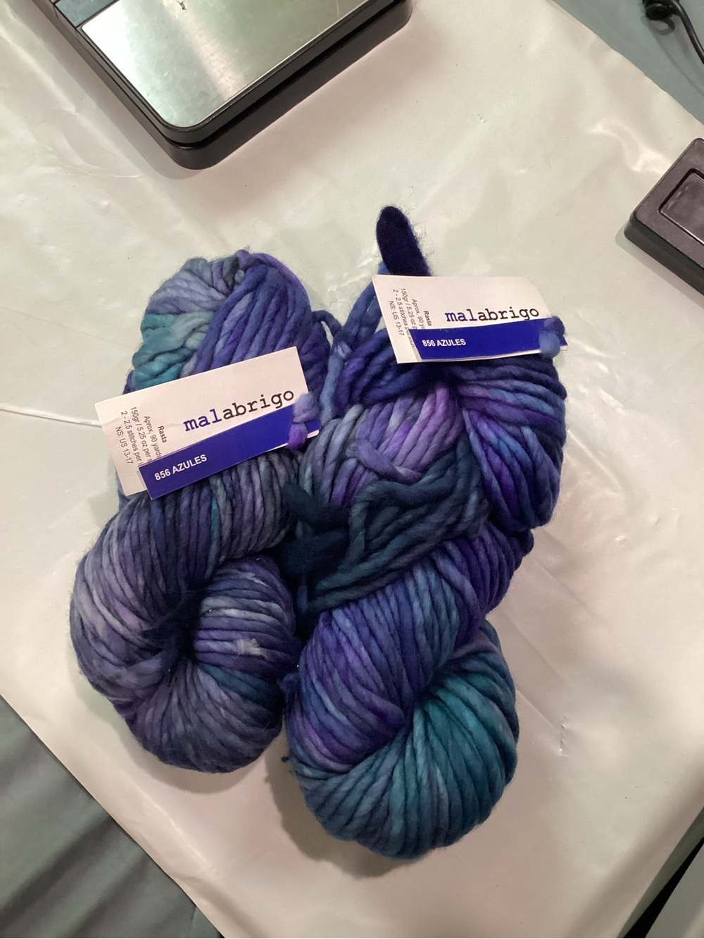 2 hanks of Malabrigo Rasta yarn hand -Dyed Super Bulky Yarn - Azules colorway